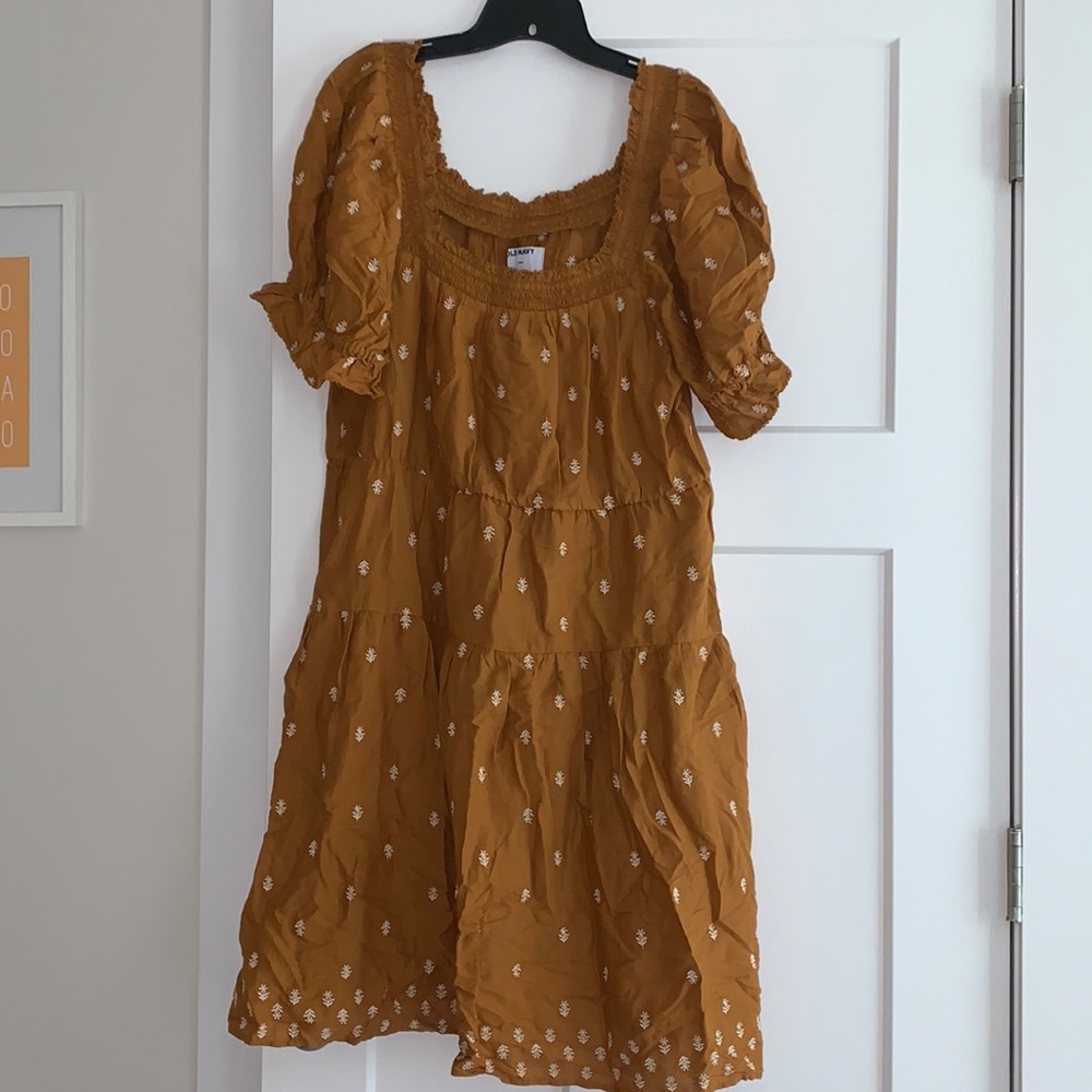 Puff-Sleeve Tiered Smocked Embroidered Mini Swing Dress for Women - L TALL